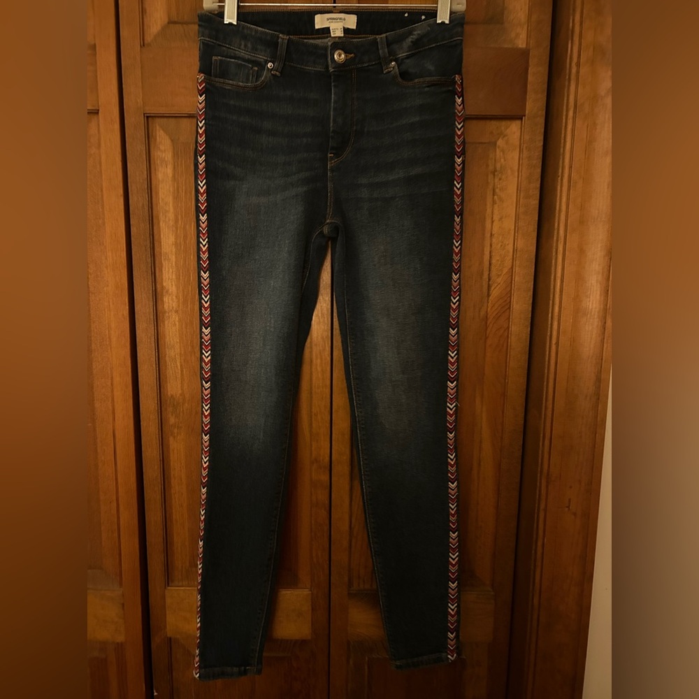 Springfield Denim Collection 27 Cotton Blend Skinny Jeans W/ Embroidery Details